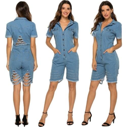 Summer Women Denim Jumpsuit Fashion Casual Nail Slim Denim Jumpsuit Holes Shorts Romper Clothing M-2XL
