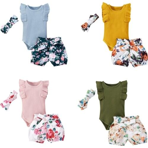 Summer Newborn Baby Girl Floral Clothes Set Infant Ribbed Sleeveless Outfit Solid Ruffle Bodysuit Tops+Shorts+Headband 3PCS