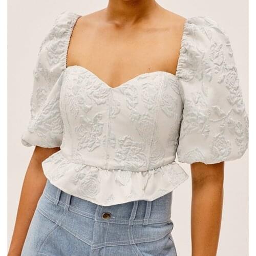 2021 Summer 3D Flower Short sleeve Shirt France Style Retro Elastic Ruched Slim Fit Cropped Blouse Tops