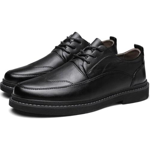 2021 New Men Casual Leather Shoes Men Leather Flats Shoes Waterproof Ankle Lace-Up Black Business Formal Dress