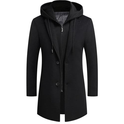 Men Wool Coat Casual Warm Detachable Hat Winter Wool Coat Men Woolen Coats Mid-length Jacket Woolen Overcoat Single Breasted 5XL