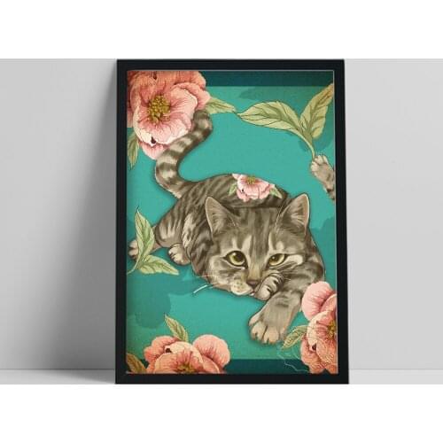 Funny Animal Flower Leaf Prints Poster, Animal Plant Wall Art, Grey Tabby Cat Peony Wall Painting, Cute Cat Nursery Home Decor