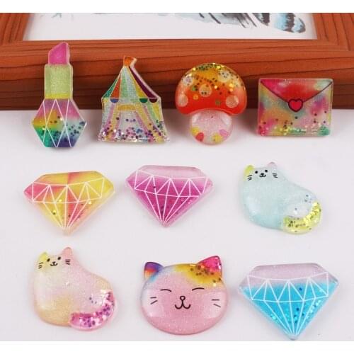 50pcs Mixed Glitter Powder Flatback Resins Mushroom Cat Planar Resin Cabochon DIY Crafts Embellishments for Hair Bow Centers