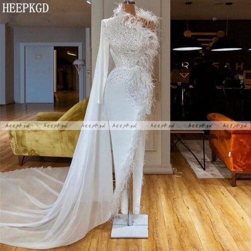 Luxury White One Shoulder Dubai Evening Dress With Long Cape Beads Feather High Slit Sexy Special Occasion Dresses For Women