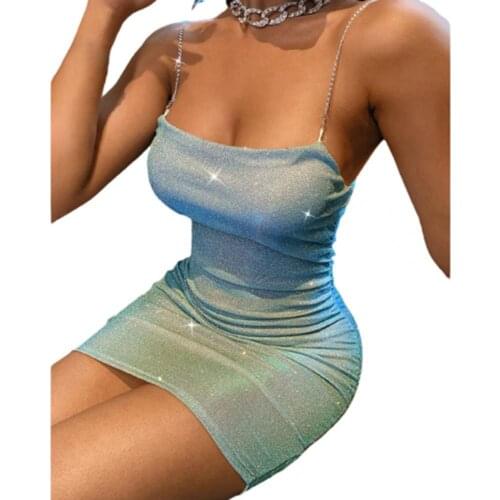 Sexy Women Dress Shiny Chain Spaghetti Straps Solid Color Sleeveless Backless Bodycon Mini Dress Summer Sexy Club Party Dress