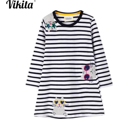 VIKITA Children Striped Dress Long Sleeve Girl Dress with Animal Appliqued Vestidos Kids Dresses for Girls Autumn Clothes
