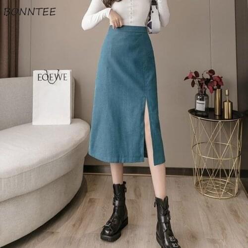 Women Skirts Solid High Waist Mid-calf Side-slit Elegant Office Lady Designer Korean Style Business Buttocks Chic Females Summer