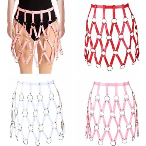 Pink Skirt Leather Body Harness Hollow Out Sexy Cage Steampunk Goth Clubs Dance Rave Women Adjustable Strap Crop Top Lingerie