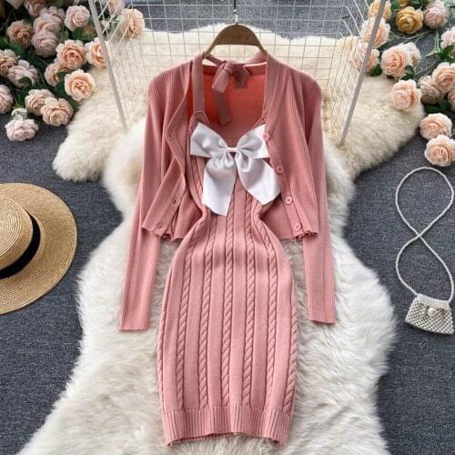 Knitted Two Piece Set Women Long Sleeve Sweater Cardigan Coat + Sexy Spaghetti Strap Bodycon Dress Suits Sweet 2 Piece Dress Set