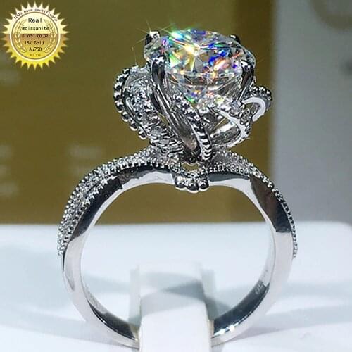10K White Gold Women Wedding Party Engagement Ring 1 2 3 4 5 Carat Round Moissanite Diamond Ring Flower Rotate Spin Elegant