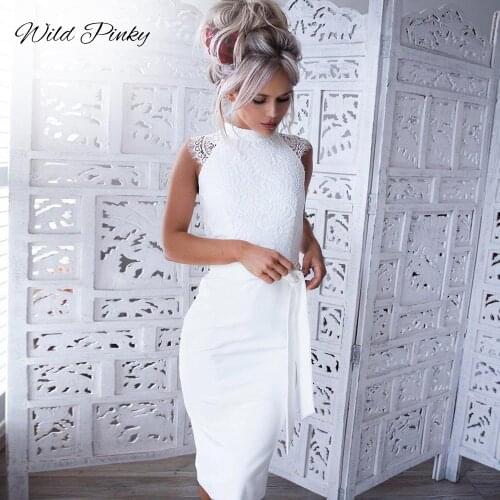 WildPinky Womens Elegant Wedding Party Dress Sexy Night Club O-Neck Sleeveless Sashes Bow Sheath Bodycon Lace Dress Vestidos