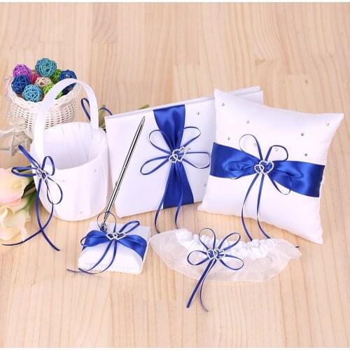 5pcs/set Wedding Supplies Double Heart Satin Flower Girl Basket 7*7 inches Ring Bearer Pillow Guest Book Pen Holder Bride Garter