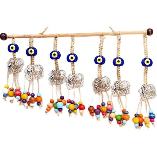 Nickel Zamak Coated Evil Eye Beads, Seven Elephant and Wooden Beads Door, Wall and Balcony Ornament