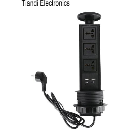 Black hidden tower socket 3-digit universal power pull-out home office outlet cable wire EU plug with USB charge can custom jack
