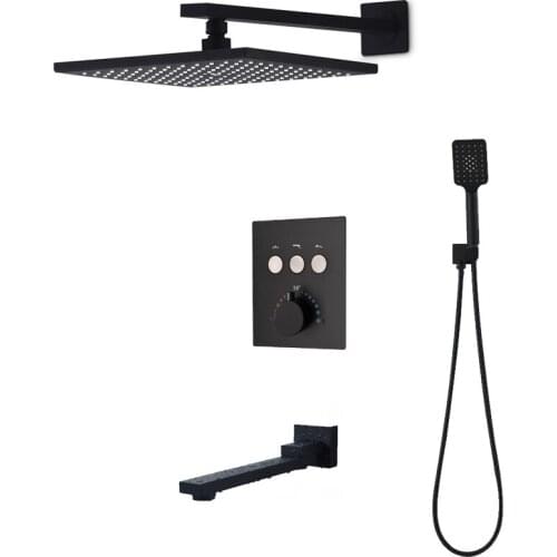 Black Rain Shower Set Push Button Type Thermostatic Mixer LED Shower 10inch Rainfall Brass Shower Head System With Tub Spout