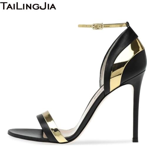 Elegant Party High Heels Sandals for Women Black PU Leather Mixed Gold Patent Leather Ankle Strap Lady Dress Shoe Big Size 2020