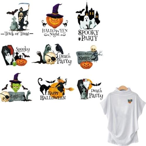 Halloween Elements Thermal Stickers Spooky Party Transfers Heat Transfer Diy T-Shirt Jeans Decoration Washable Clothing Patches