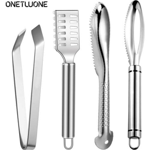 Stainless Fish Scale Scraper Remover Fish Scaler Brush Fish Clean Tool Remove Fish Scales with Fish Bone Tweezers Kitchen Gadget