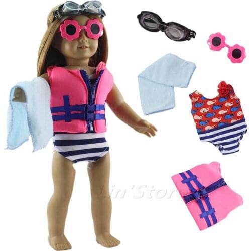5in1 Set Doll Clothes Bathing Suit Outfit life vest+swimming wear+diving glasses+sunglass+towel for 18" inch American Doll