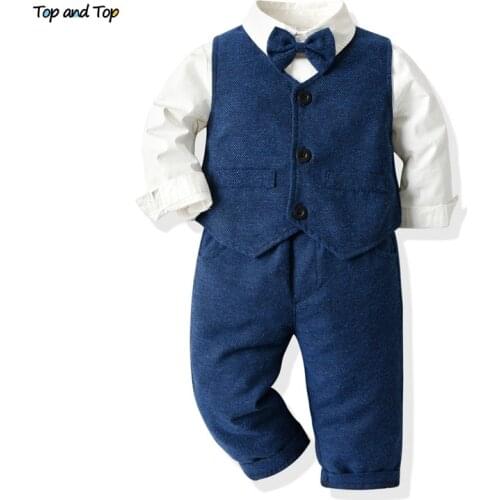 Top and top Fashion Toddler Boys Gentleman Clothing Sets Kids Boy White Shirts with Bowtie+Vest+Pants Clothes 3PCS Outfits