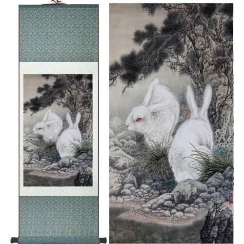 Rabbit painting Home Office Decoration Chinese scroll painting rabbit painting