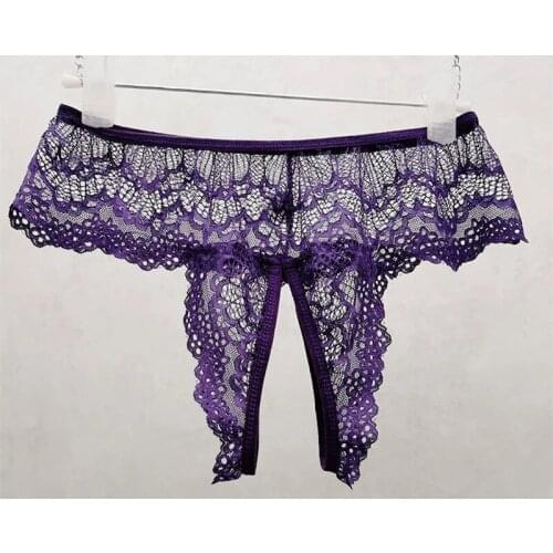 Lace Temptation Sexy Womens Crotchless Panties Plus Size Low Waist Erotic Panties Underwear Ladies See Through Sex Thongs