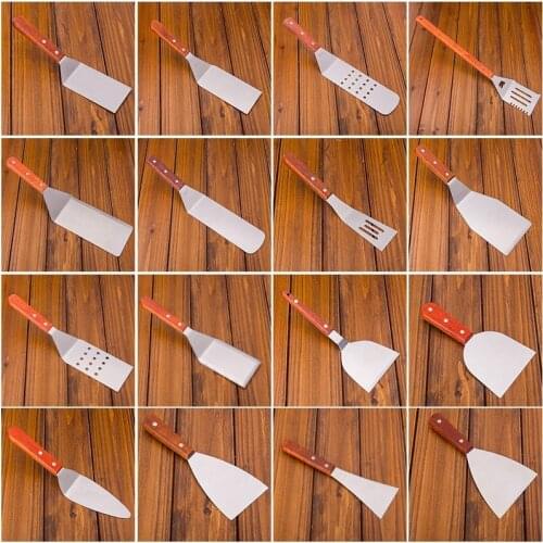 Kitchen BBQ Baking Tools Wooden Handle Stainless Steel Turner Scrape Pancake Griddle Cooking Pizza Cake cutter Steak Shovel
