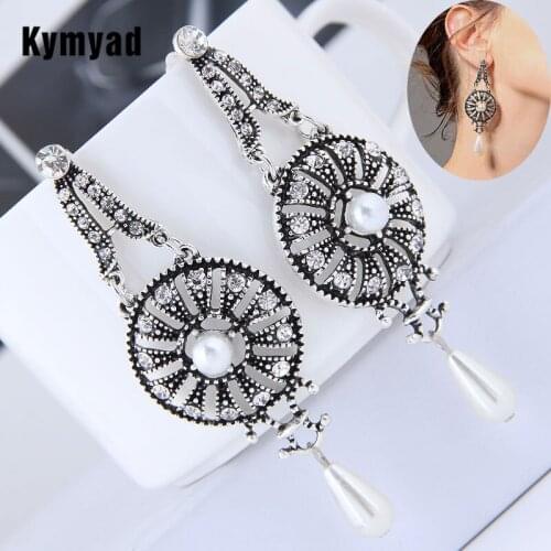 Kymyad Vintage Drop Earrings for Women Statement Long Hollow Flower Earring Fashion Jewelry Imitation Pearl Dangle Brincos New