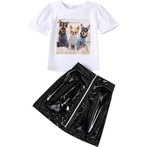 Summer New Kids Girl’s Skirt Two Piece Suits Fashion Dog Printed Round Neck Short Sleeve Tops and Leather Skirts For Toddler