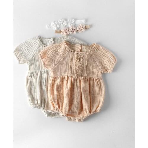 Summer Toddler Newborn Soft Linen Cotton Baby Girls Lace Flower Romper Jumpsuit Jumper Outfits Costume with Floral Headband