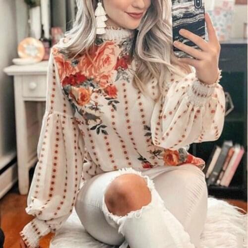 Fashion Casual Loose WomenS Top Chiffon Printed Lantern Long Sleeve Small High Collar Shirt Female High Street Style Size S-2Xl