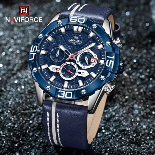 NAVIFORCE 2021 Mens Watches Luxury Blue Sport Quartz Wrist watch Military Leather Band Waterproof 1/10 Second Chronograph Clock
