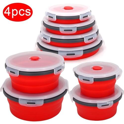 Round Silicone Folding Lunch Box Set Microwave Folding Bowl Portable Folding Food Container Box Salad Snack Bowl With Lid