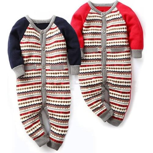 Stripe Baby Boy Clothes Knitting Infant Romper Winter Christmas Thicken Hooded Warm Baby Girl Clothes Roupas Bebe