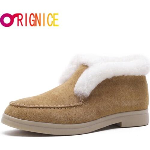Orignice High Quality Genuine Cow Suede Warm Wool Women Winter Ankle Snow Boots Top Brand Plus Size 41 Women Shoes Brown Beige