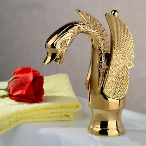 Luxury Gold Color Brass Swan Bathroom Faucet Animal Shape Carved Brass Basin Sink Mixer Tap Single Handle Deck Mount agf009