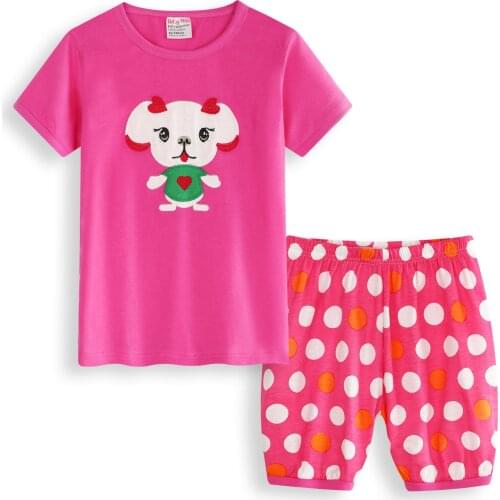 Pink dog Girls Short Sleeve Tshirt+Shorts Suit 2-Piece Pajamas Set Cute Cartoon 100% Cotton Sleepwear Homewear Kids'Clothing Set