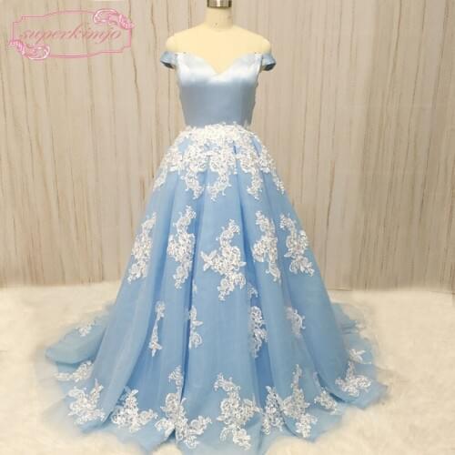 SuperKimJo blue prom dresses off the shoulder lace appliques ball gown puffy organza light sky blue long evening dresses 2018