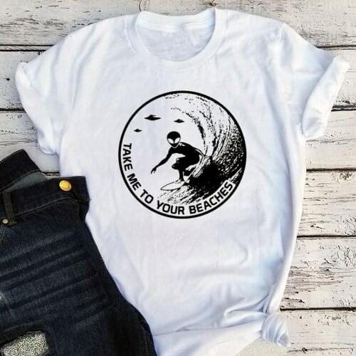 Funny Surfing Alien T Shirt 2021 Women Summer Plus Size Clothing Holiday Beach Harajuku White Graphic Top S-XXXL T