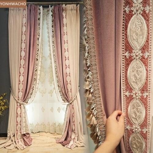 Custom curtain high-grade luxury flannel living room embroidery pink thick velvet cloth blackout curtain tulle C403