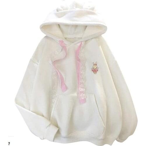 Women Winter Hoody Sweatshirt Embroidery Kawaii Dancing Rabbit Harajuku Lady Pullover Loose Student Wild Long Sleeve Female Tops