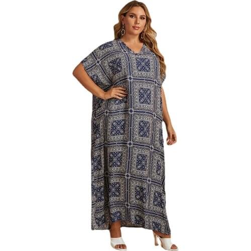 Loose Plus Size Womens Bohemian Dress V-neck Print Plaid Print Long Maxi Dresses for Women T8078
