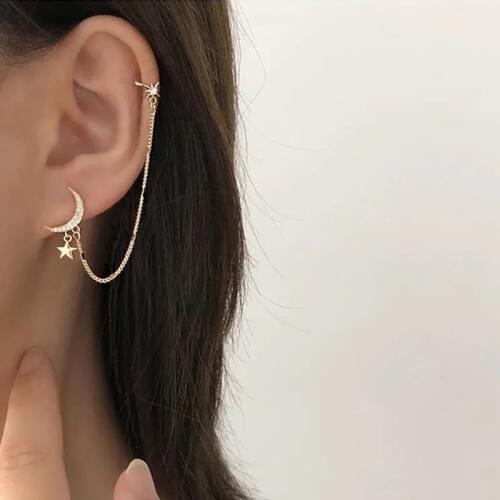 1pcs Trendy Cz Crystal Moon Star Ear Cuff Earrings For Women Girls Cute Crescent Chain Ear Hook Pierced Ear Clip Fashion Jewelry