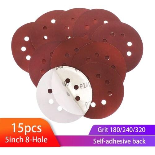 15pcs 5"125mm Sanding Disc Adhesive Sticker Round Red Sandpaper Disk Sand Sheets With 8-Hole Grit 180/240/320 for Orbital Sander