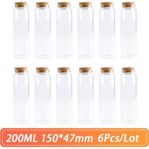 150*47mm 200ml Glass Bottle Corks Stopper test tube Storage Glass Jars for Spice Vial Bottle Candy Containers 6pcs/Lot