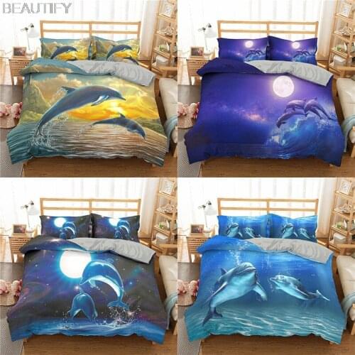 2021 Sea Dolphin Blue Duvet Quilt Cover Set Comforter Bed Linen Pillowcase King Queen Size Home Textile
