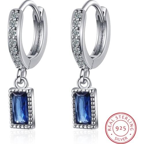 925 Sterling Silver Minimalist Cute Full Blue Cubic Zircon Square Hoop Earrings For Women Daily Jewelry Gifts S-E1109