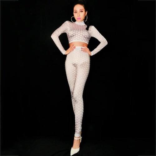 White Nude Printing Bling Crystals Jumpsuit Sexy Leggings Costume Big Stretch Bodysuit Nightclub Outfit Stage Show Wear DT371