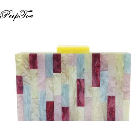 21Designer Luxury Multi-Color Party Evening Bag Acrylic Clutch Purse Trendy Yellow Base Stripped Patchwork Wedding Prom Handbags