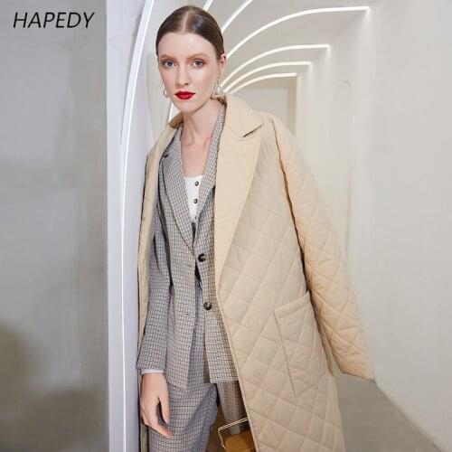 HAPEDY Long Straight Winter Coat With Rhombus Pattern Casual Sashes Women Parkas Deep Pockets Tailored Collar Stylish Outerwear